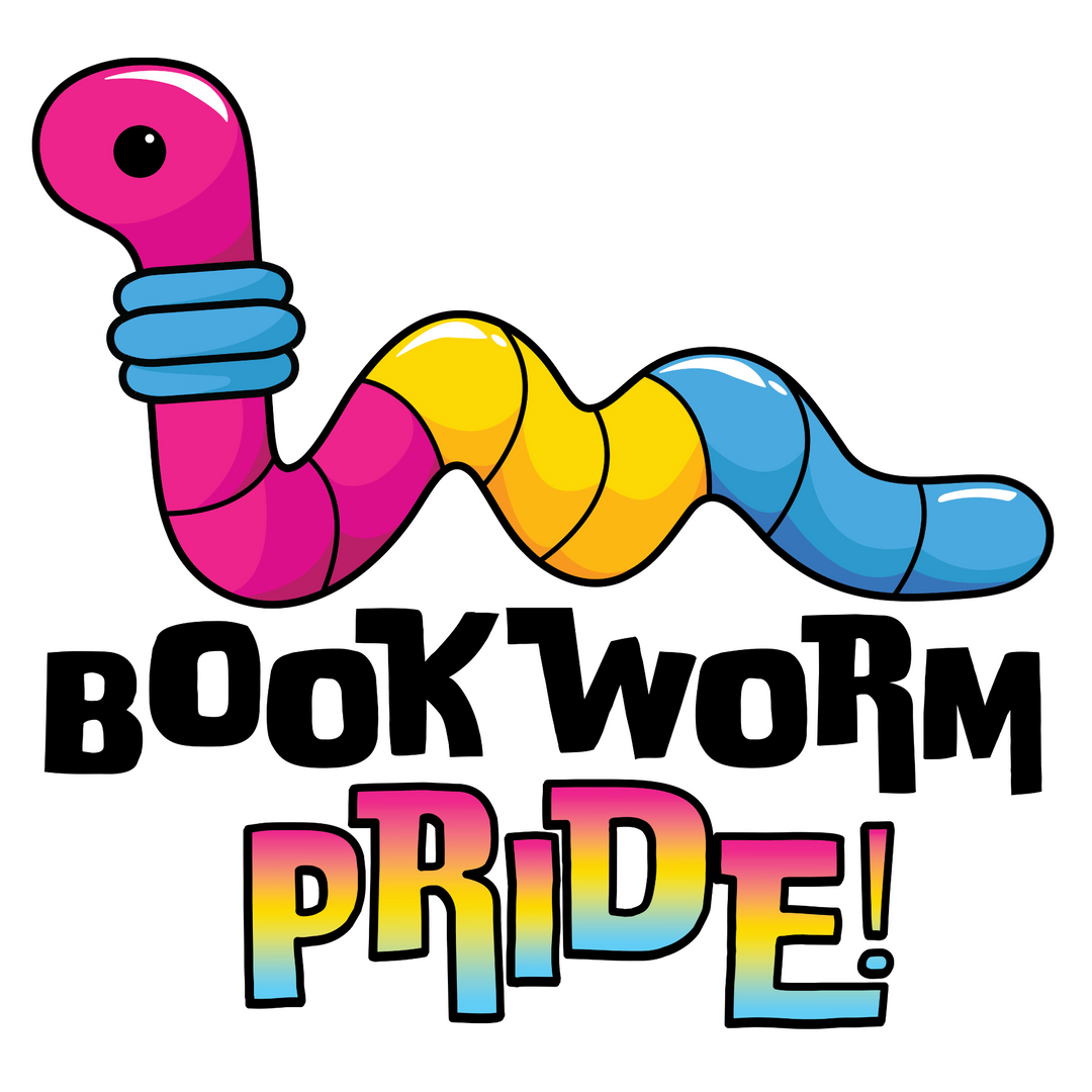 Colorful pansexual flag cartoon worm with 'Bookworm Pride!' text on a white background