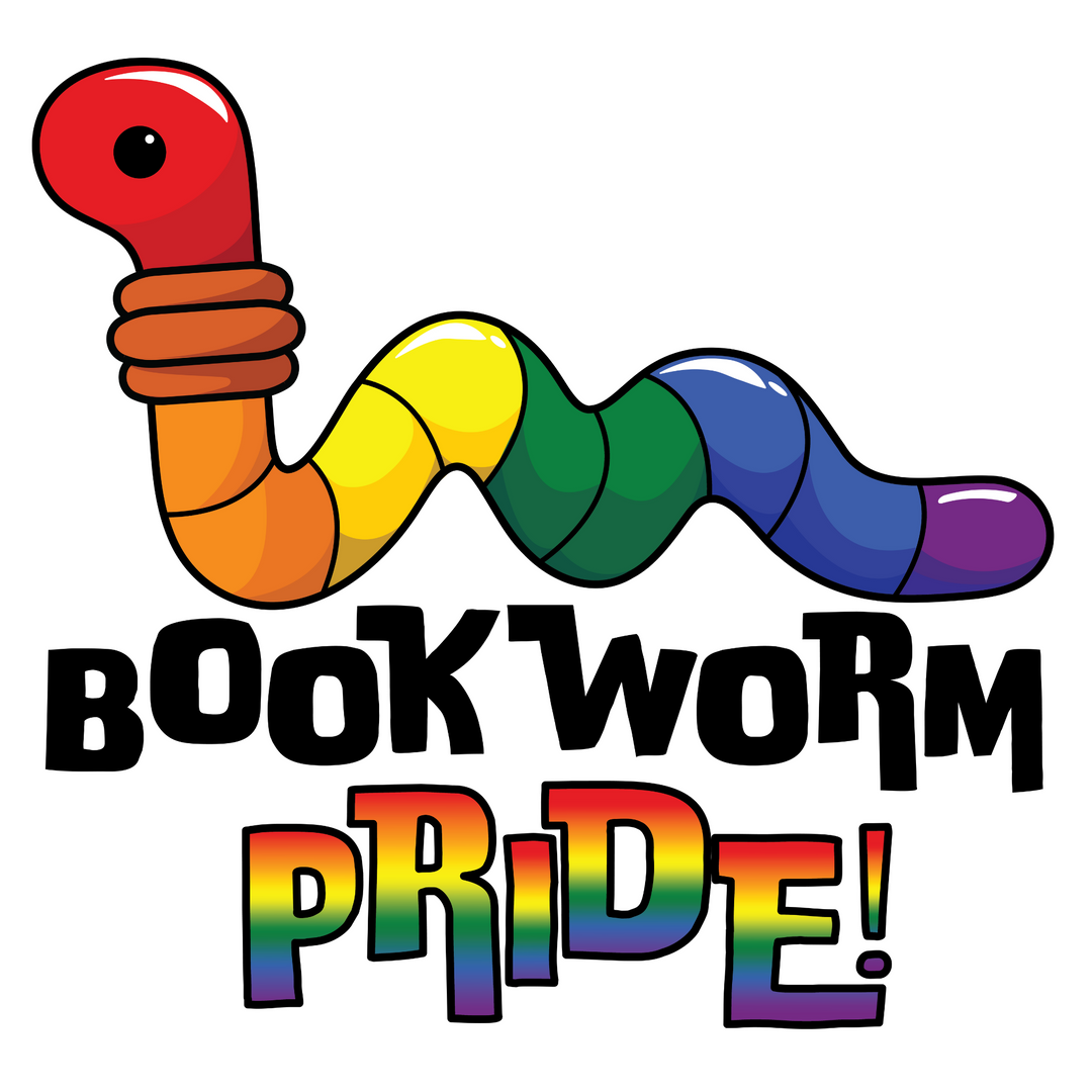 Colorful rainbow cartoon worm with 'Bookworm Pride!' text on a white background