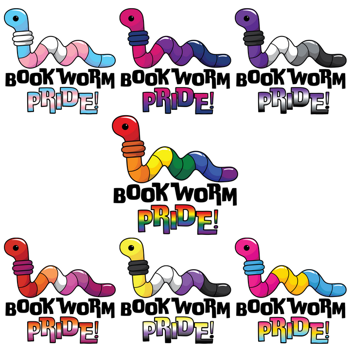 Colorful cartoon pride flag worms with 'Bookworm Pride!' text on a white background