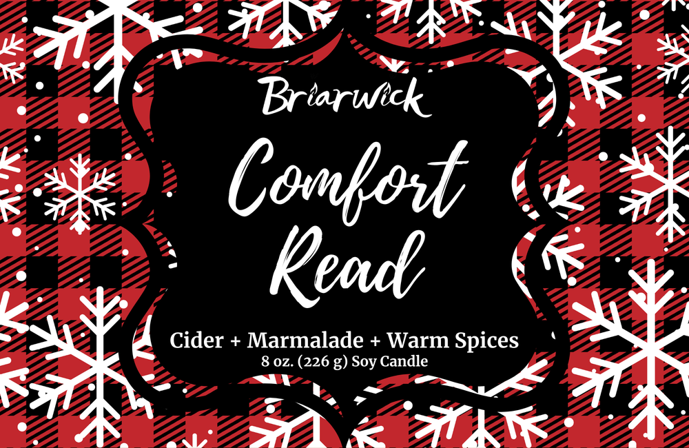 Comfort Read Label with red flannel and white snowflake design