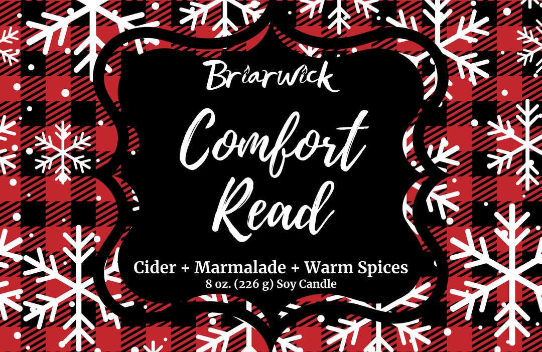 Comfort Read Label with red flannel and white snowflake design