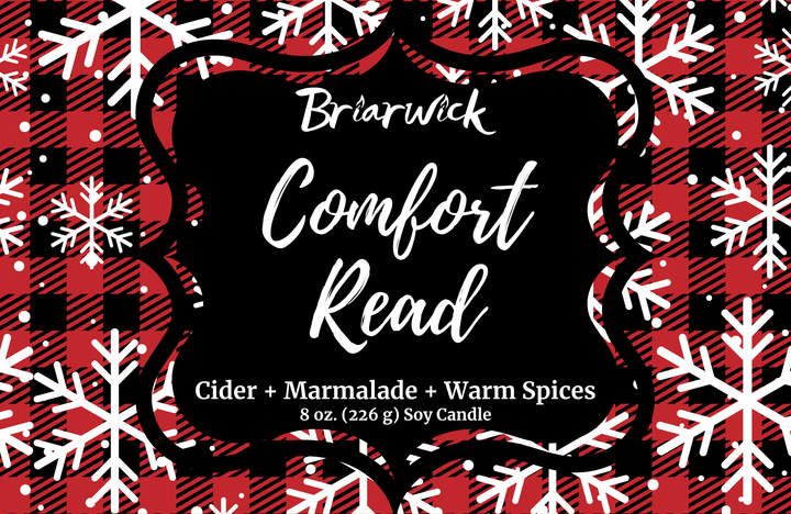 Comfort Read Label with red flannel and white snowflake design