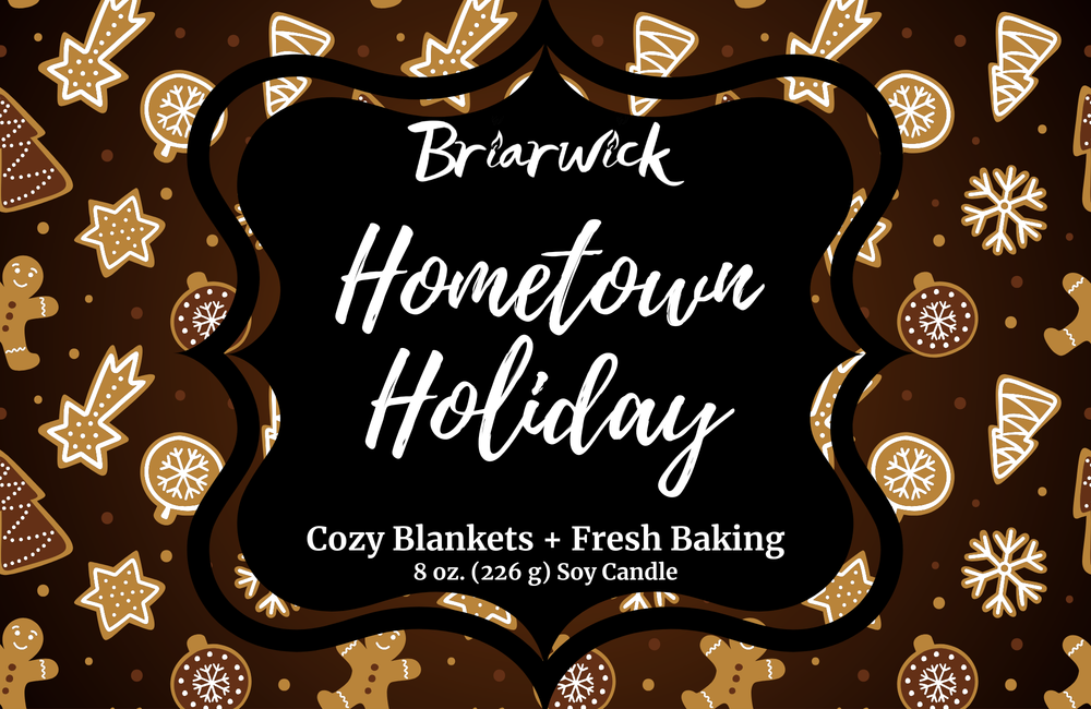 Hometown Holiday Label with brown and white decorated gingerbread  design