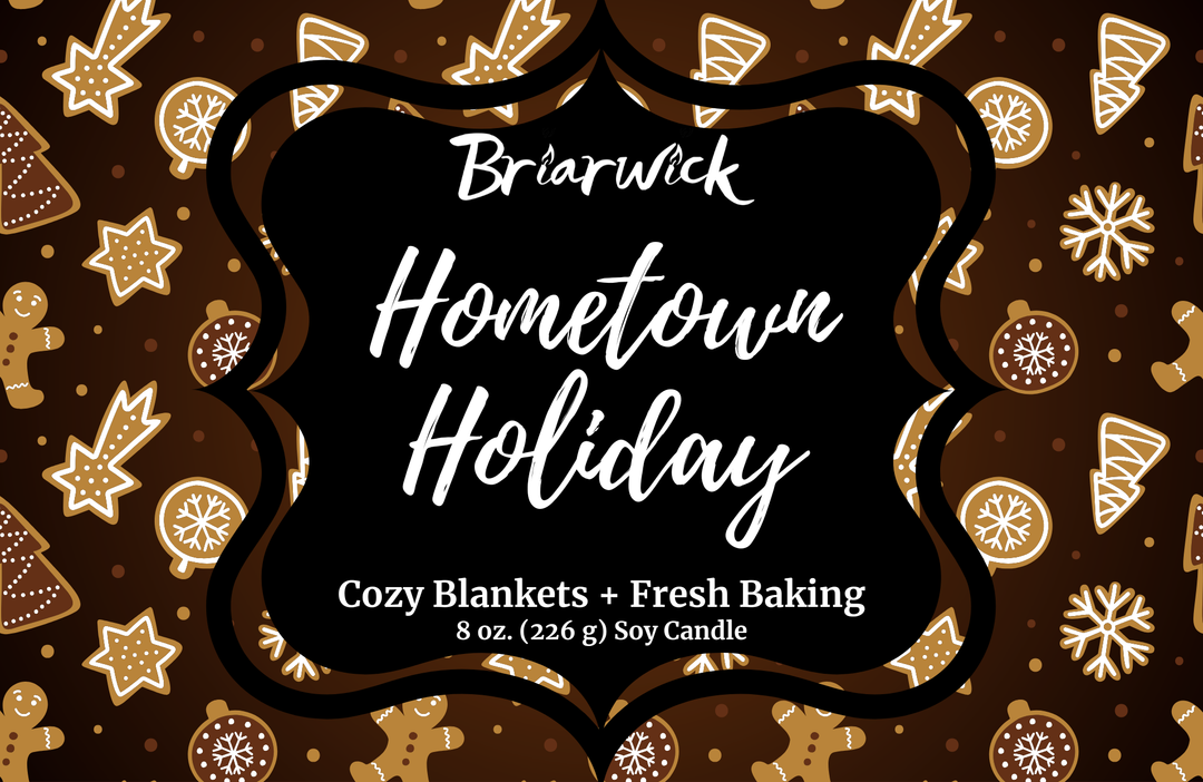 Hometown Holiday Label with brown and white decorated gingerbread  design