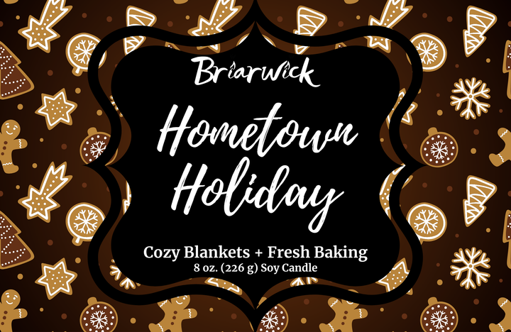 Hometown Holiday Label with brown and white decorated gingerbread  design