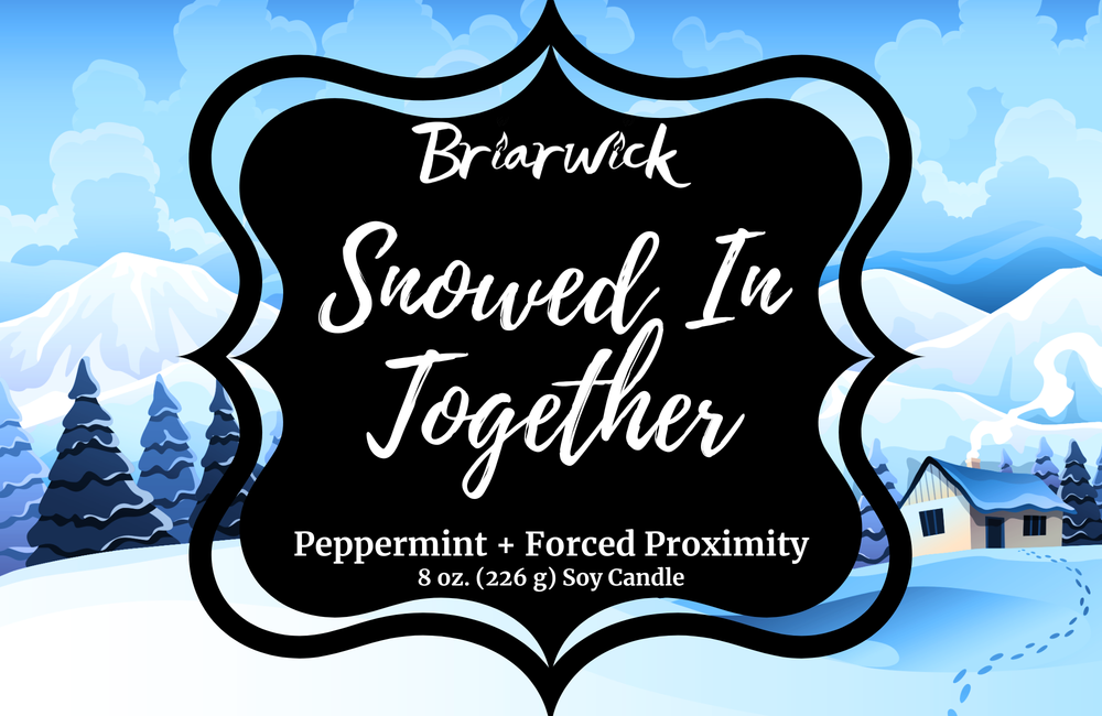 Snowed In Together Label with blue and white snow covered lodge design