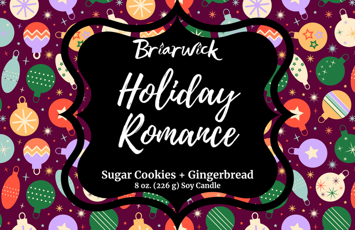 Holiday Romance Label with purple background and colorful ornament design