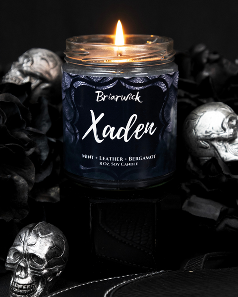Candle in a glass jar with a dark label featuring the brand 'Briarwick' and product name 'Xaden'. The candle is surrounded by dark flowers and metallic skull decorations on a black background.