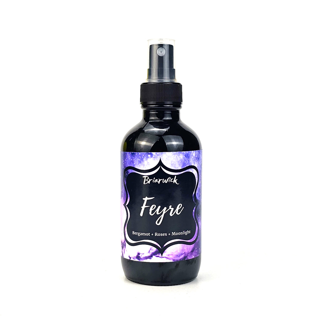 Feyre 4oz Linen Spray with purple galaxy design on a white background
