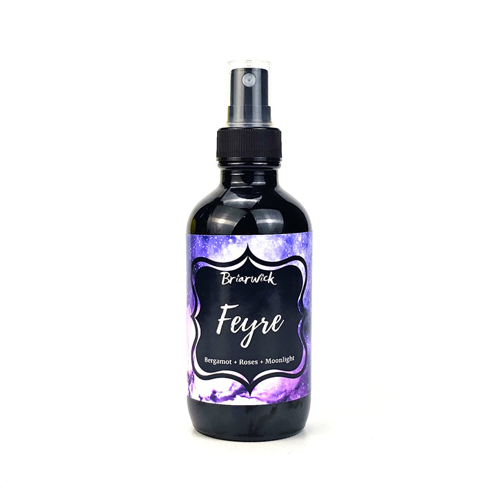 Feyre 4oz Linen Spray with purple galaxy design on a white background