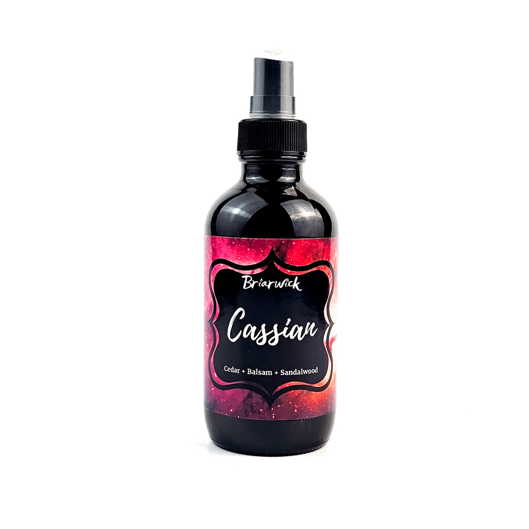 Cassian 4oz Linen Spray with red galaxy design on a white background