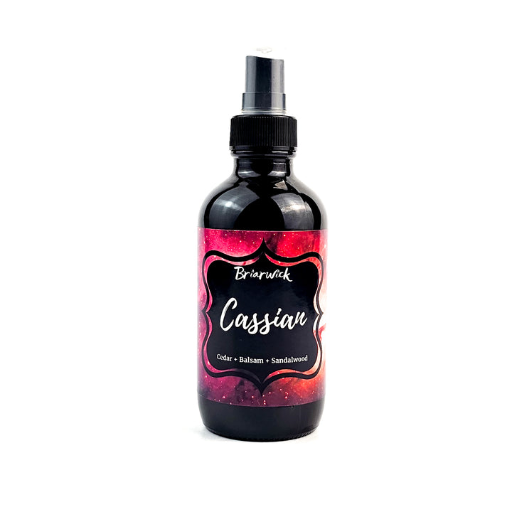 Cassian 4oz Linen Spray with red galaxy design on a white background