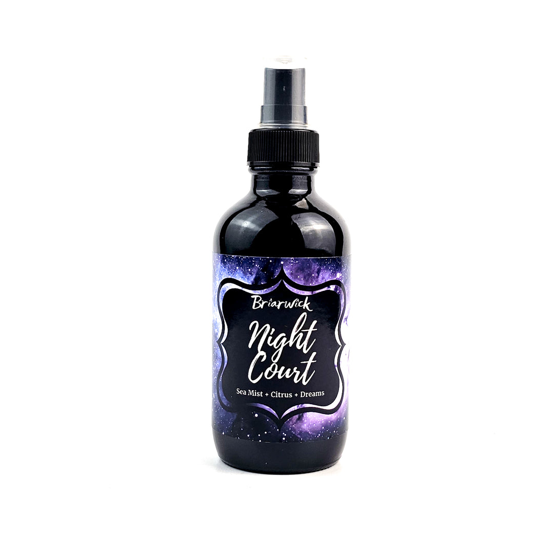 Night Court 4oz Linen Spray with gray galaxy design on a white background