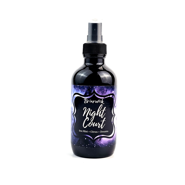 Night Court 4oz Linen Spray with gray galaxy design on a white background