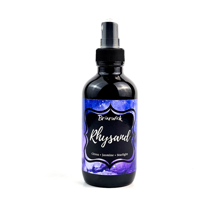 Rhysand 4oz Linen Spray with purple galaxy design on a white background