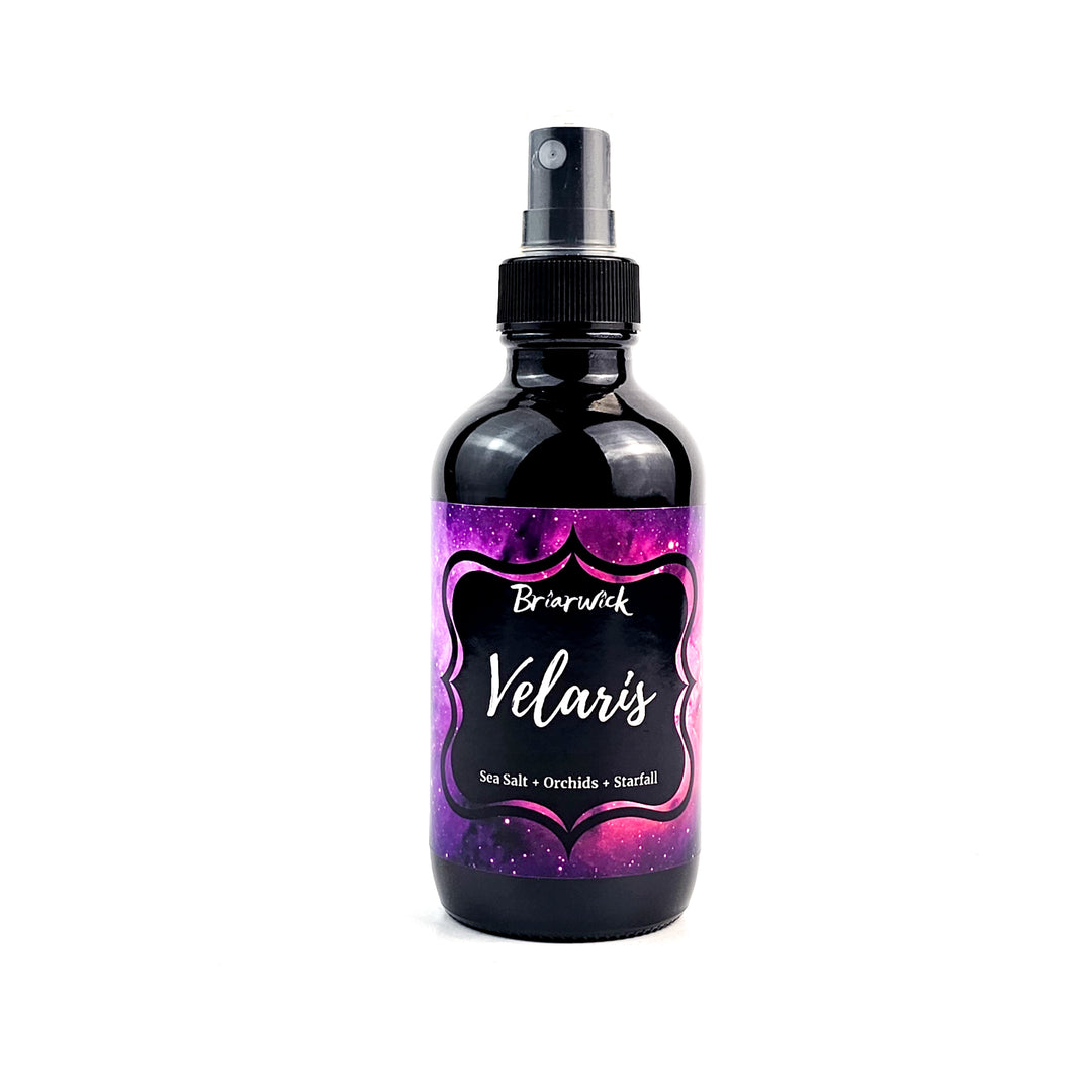 Velaris 4oz Linen Spray with purple galaxy design on a white background