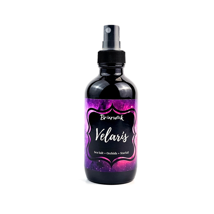 Velaris 4oz Linen Spray with purple galaxy design on a white background