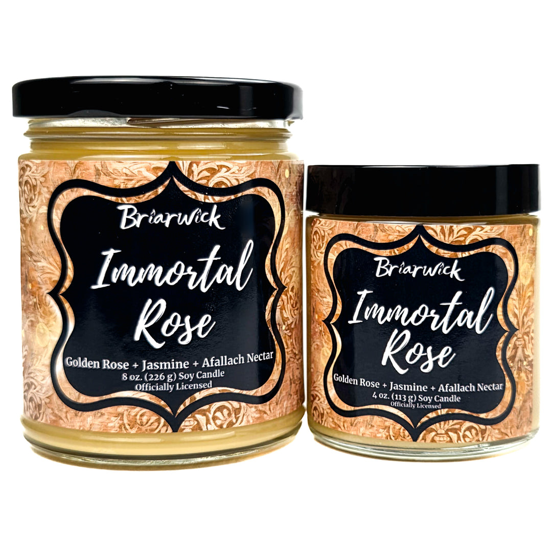 Two jars of Briarwick Immortal Rose soy candles on a white background, one larger 8 oz jar and one smaller 4 oz jar, both with black lids and ornate gold labels.