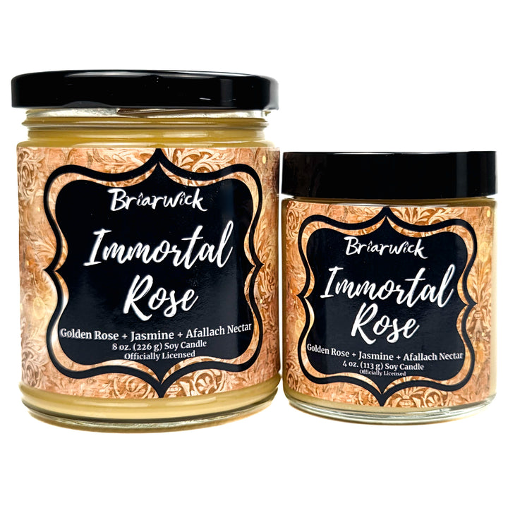 Two jars of Briarwick Immortal Rose soy candles on a white background, one larger 8 oz jar and one smaller 4 oz jar, both with black lids and ornate gold labels.