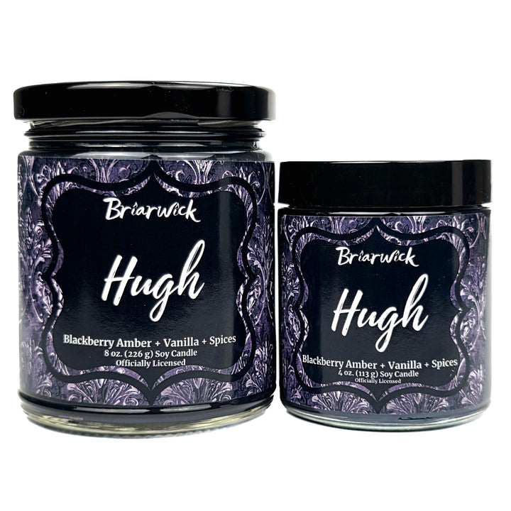Two Briarwick 'Hugh' soy candles in glass jars with black lids, one large 8 oz candle and one smaller 4 oz candle, both featuring dark purple and black labels with white text.