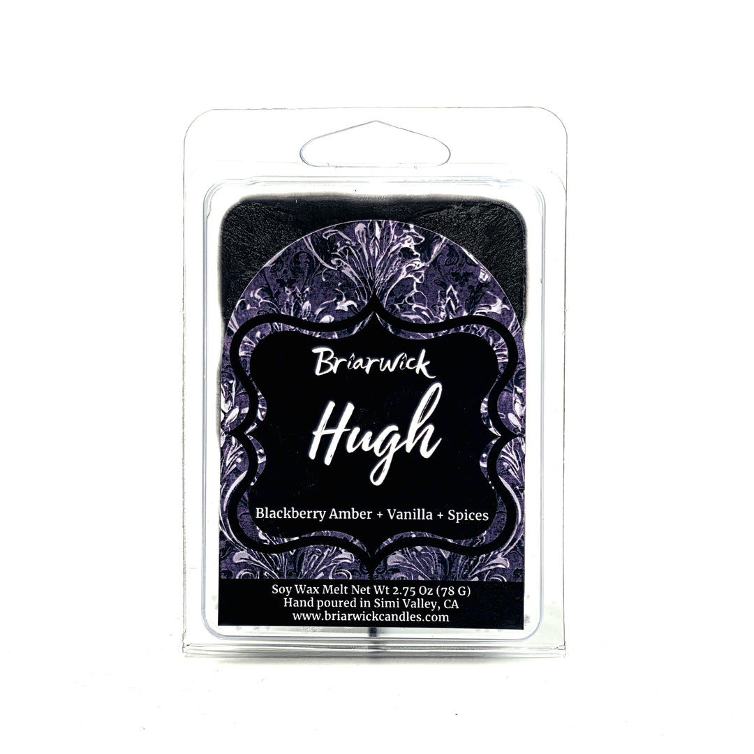 Briarwick Hugh soy wax melt in a clear plastic clamshell package with a black and purple label, on a white background.