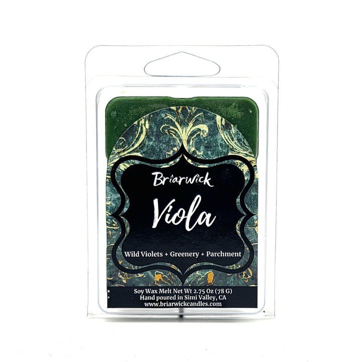 Briarwick Viola soy wax melt in a clear plastic hanger pack, showing a dark green and black marbled label with white text.