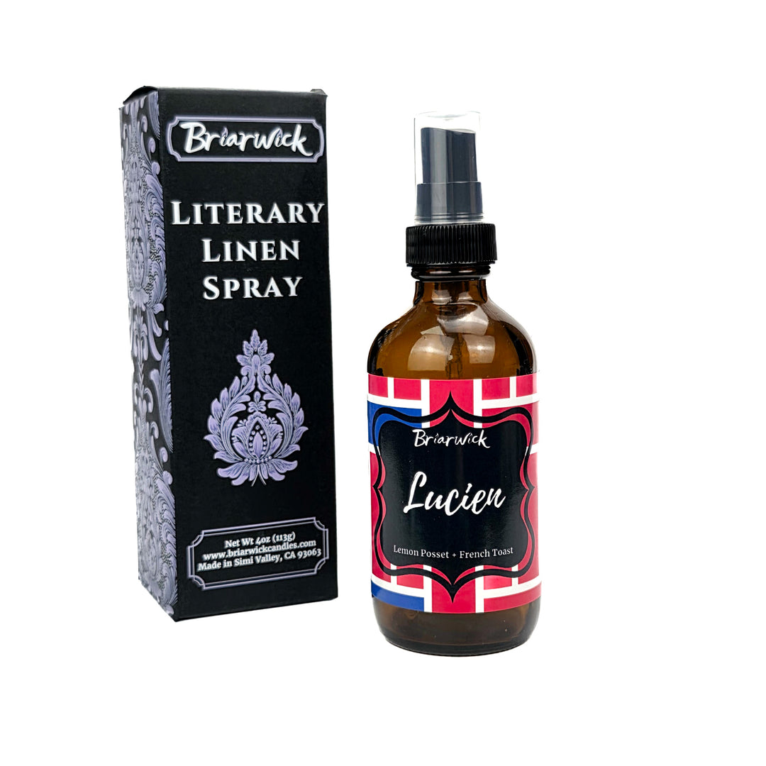 Lucien cherry red linen spray with red & blue grid design on a white background