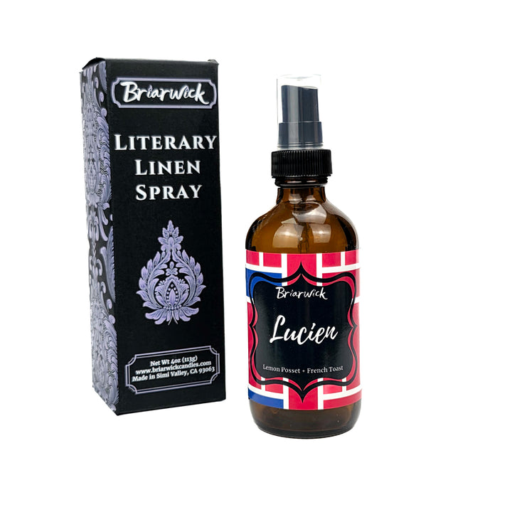 Lucien cherry red linen spray with red & blue grid design on a white background