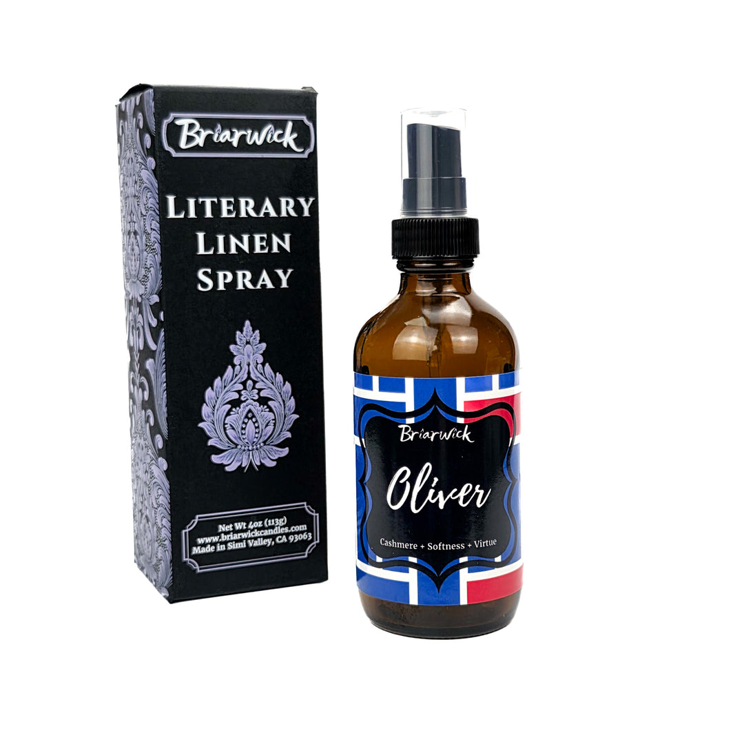 Oliver royal blue linen spray with blue & red grid design on a white background