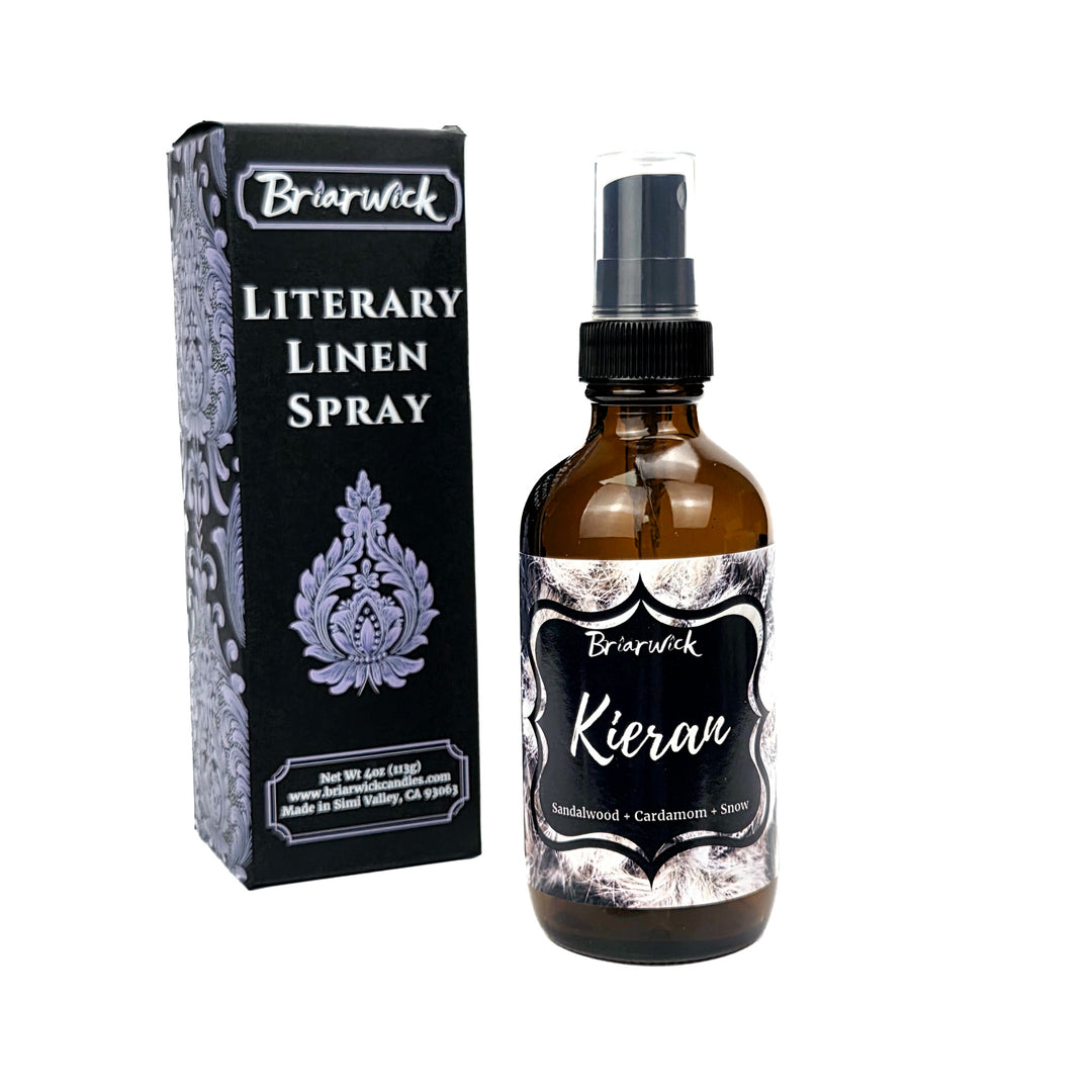 Kieran 4oz linen spray with white feather design on a white background