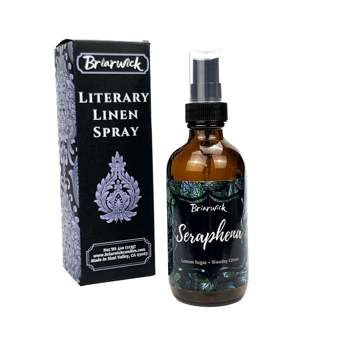 Seraphena 4oz dark olive linen spray with green leaf design on a white background