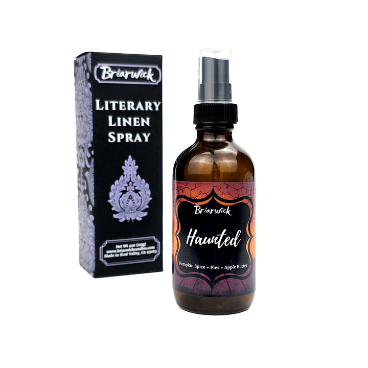 Haunted 4oz Linen Spray with a graveyard design on an white background