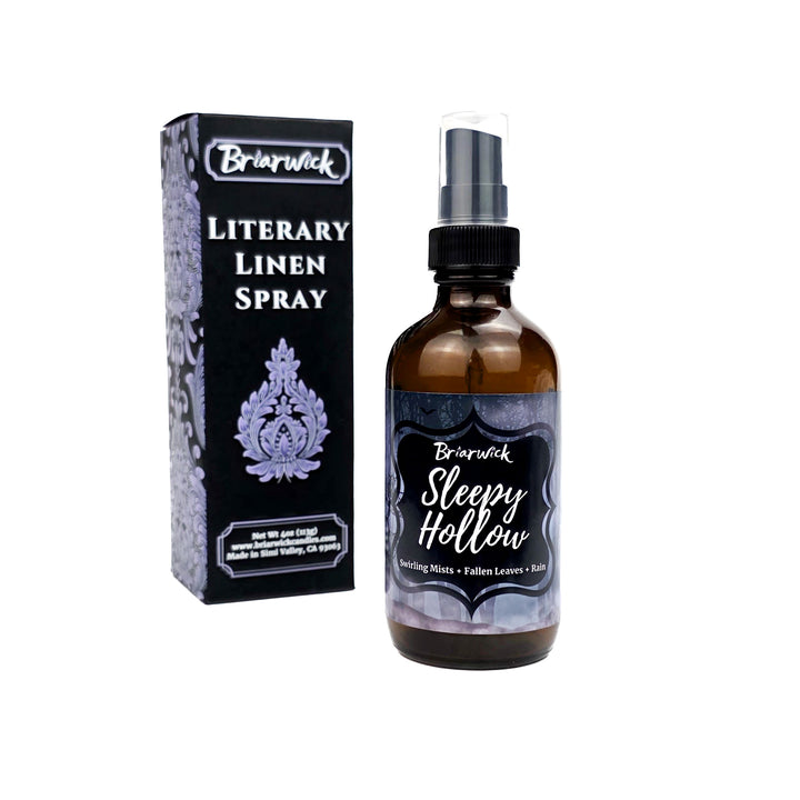 Sleepy Hollow 4oz Linen Spray with a forest pattern on a white background