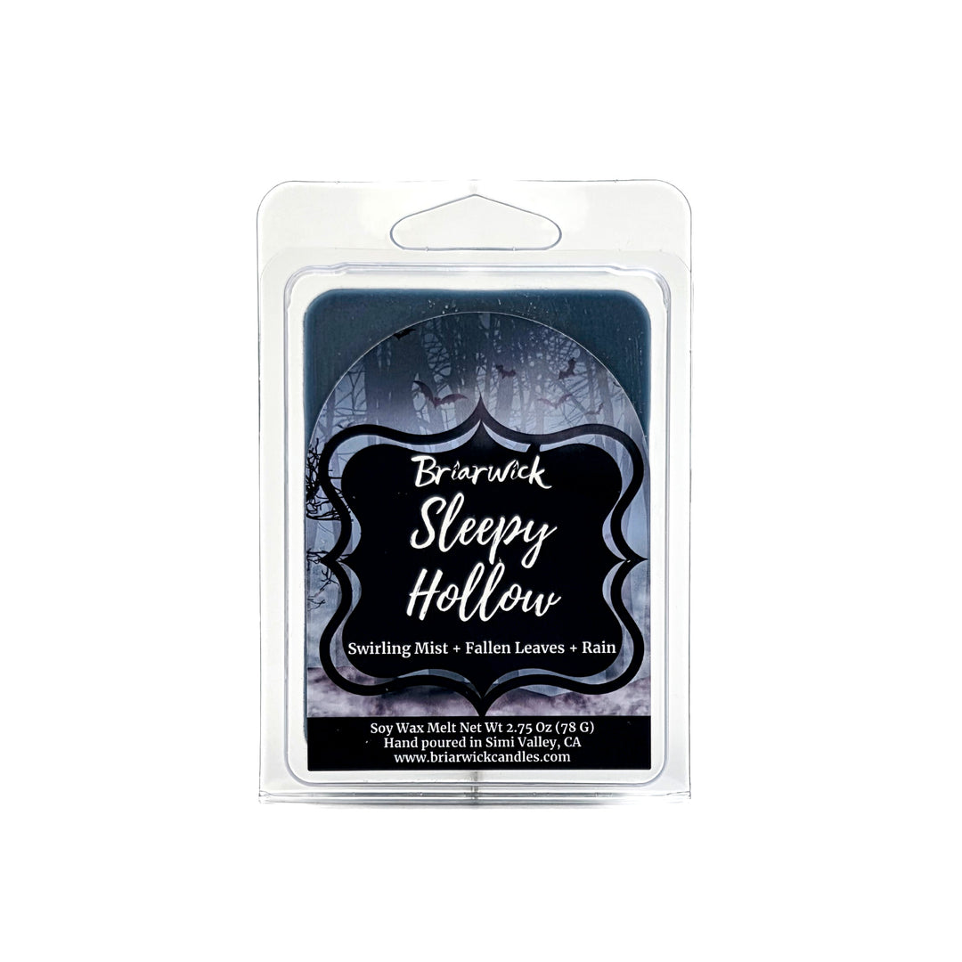 Sleepy Hollow 2oz dark teal Wax Melt with a forest pattern on a white background