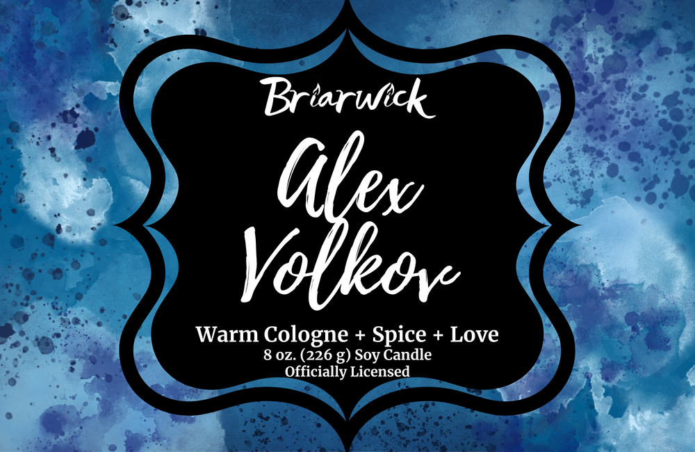 Alex Volkov candle label with blue textural design
