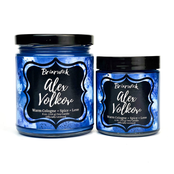 Alex Volkov 8oz and 4oz lapis candles with blue textural design on a white background