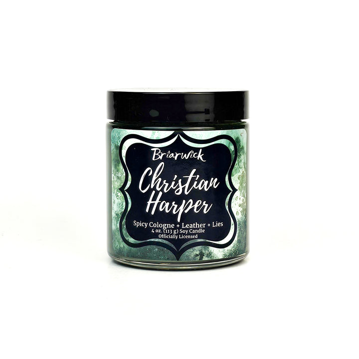 Christian Harper 4oz olive candle with green textural design on a white background