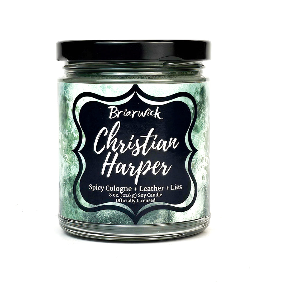 Christian Harper 8oz olive candle with green textural design on a white background
