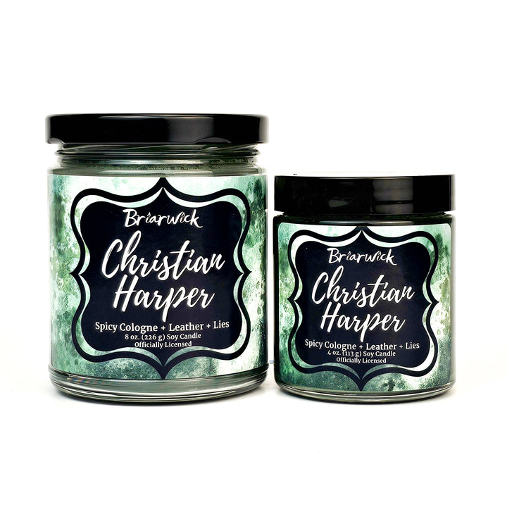Christian Harper 8oz and 4 oz olive candles with green textural design on a white background