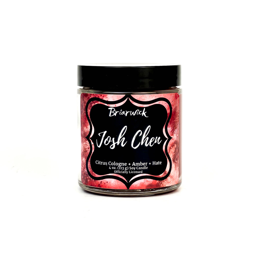 Josh Chen 4oz cherry red candle with red textural design on a white background