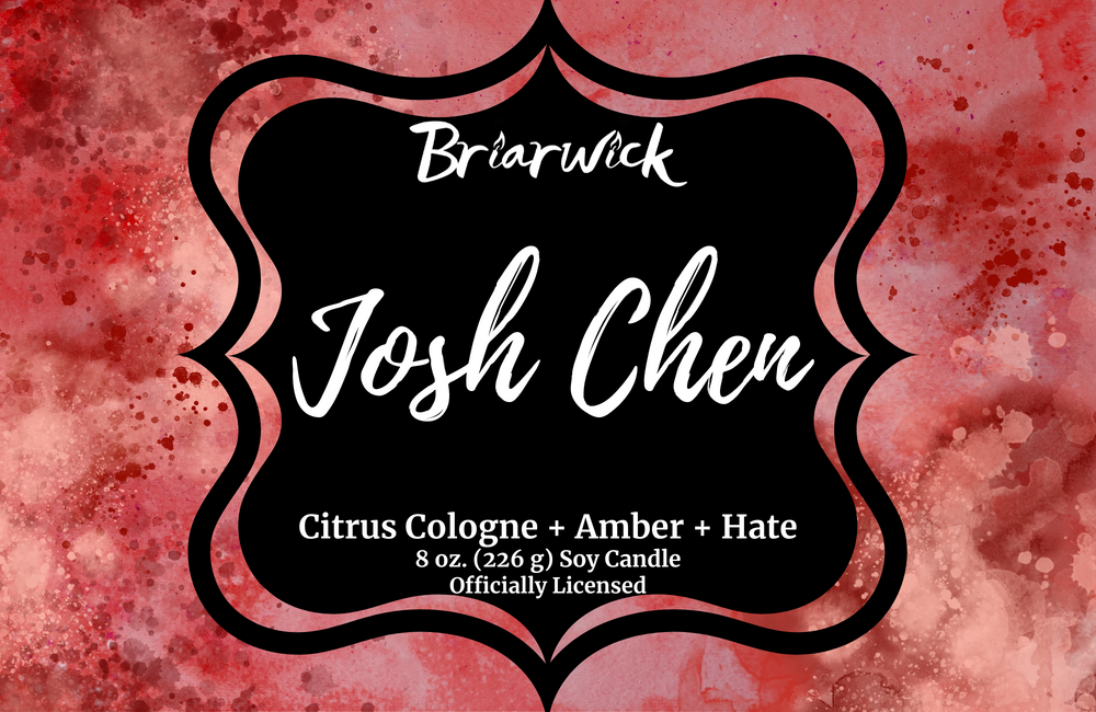 Josh Chen cherry red candle label with red textural design