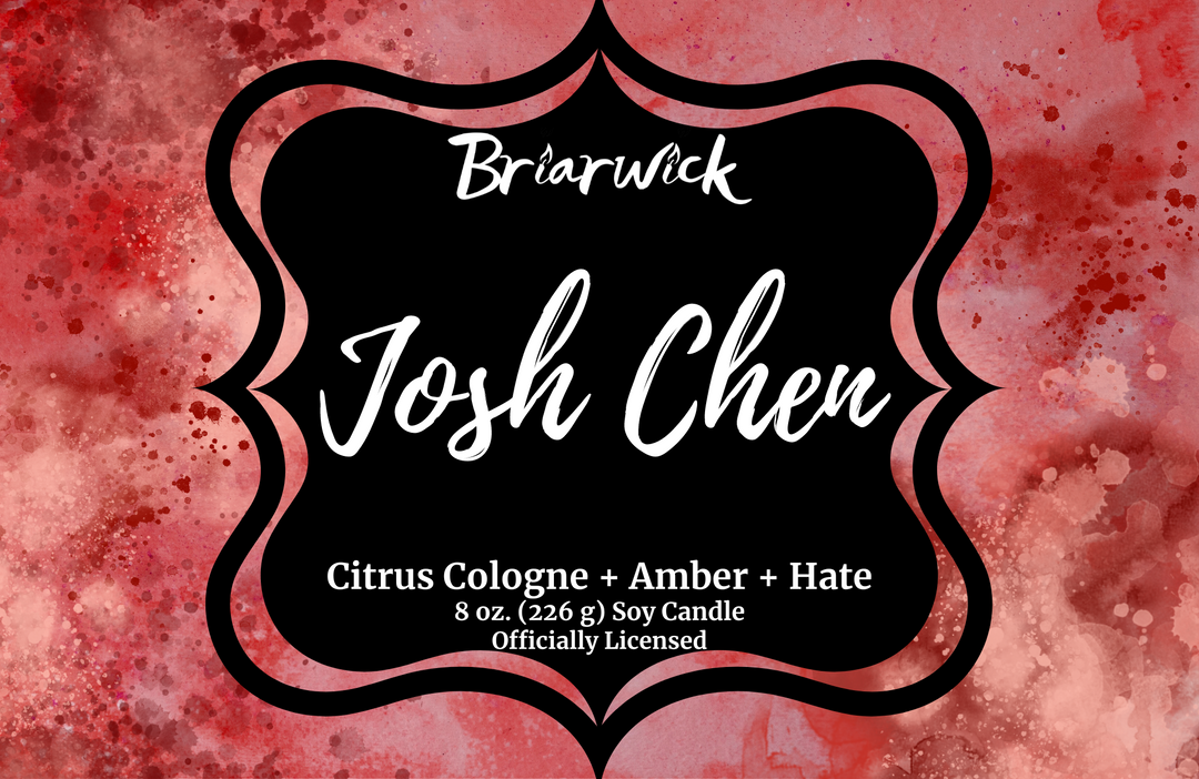 Josh Chen cherry red candle label with red textural design