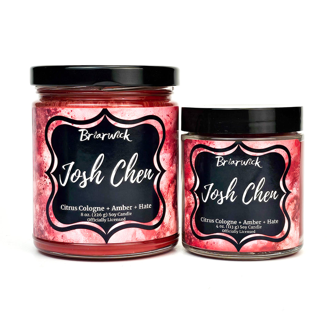 Josh Chen 8oz and 4 oz cherry red candles with red textural design on a white background