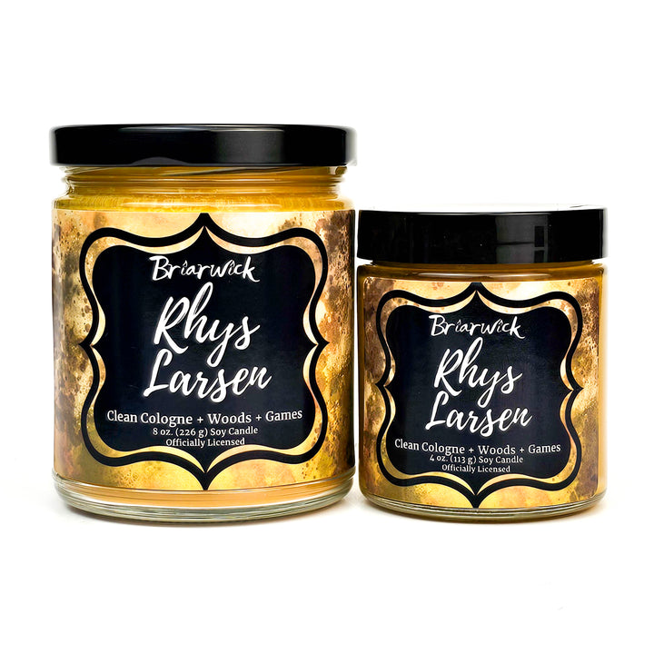 Rhys Larsen 8oz and 4 oz yellow candles with yellow textural design on a white background