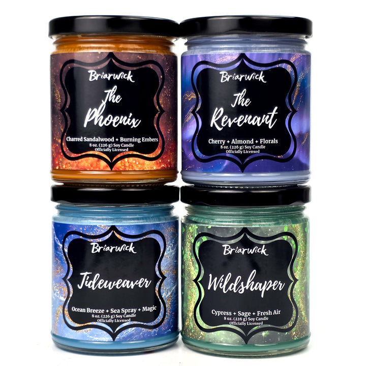 Four 8oz Briarwick candles (The Phoenix, The Revenant, Tideweaver, and Wildshaper) on a white background. 