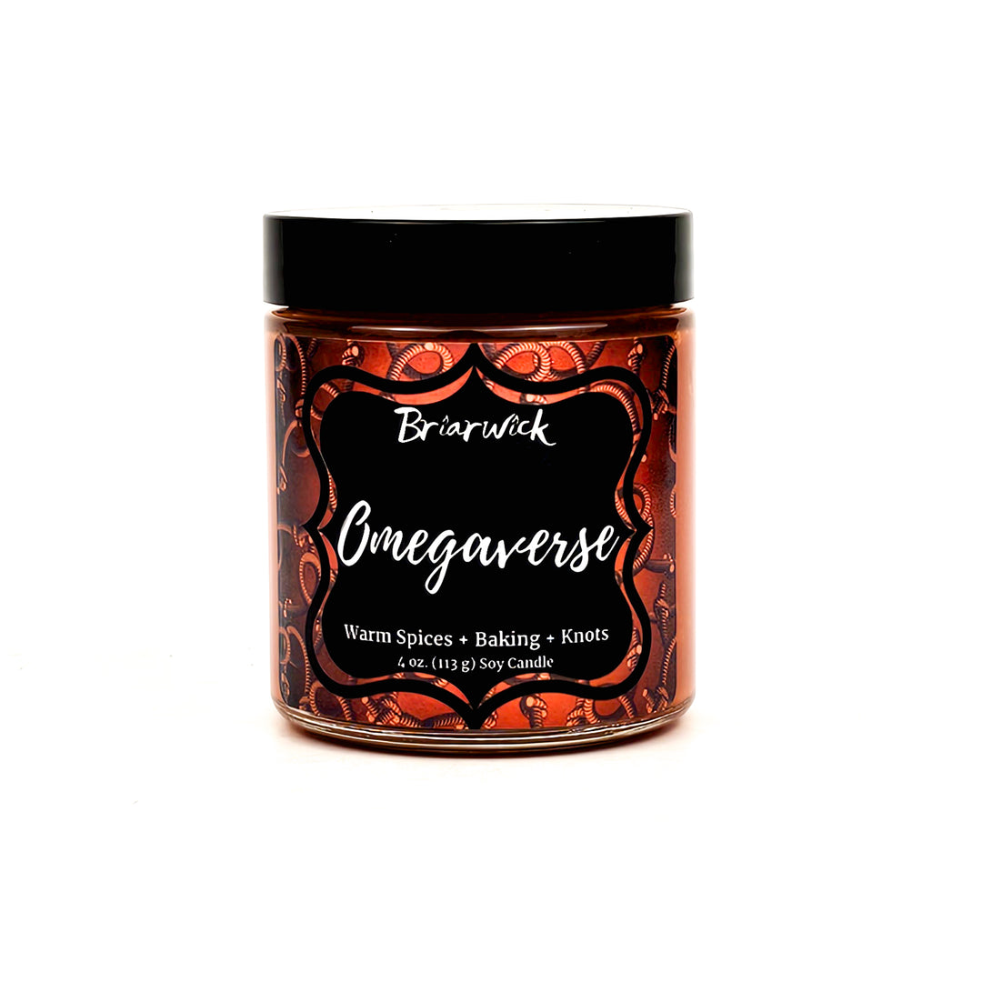 Omegaverse 4oz saffron candle with an orange rope design on a white background