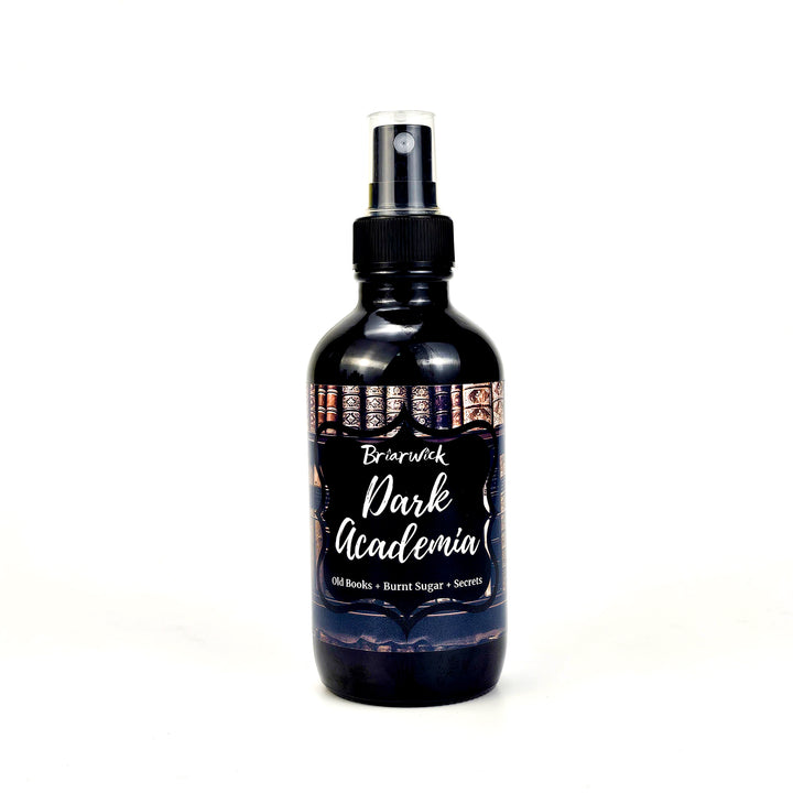 Dark Academia 4oz Linen Spray with brown library design on a white background