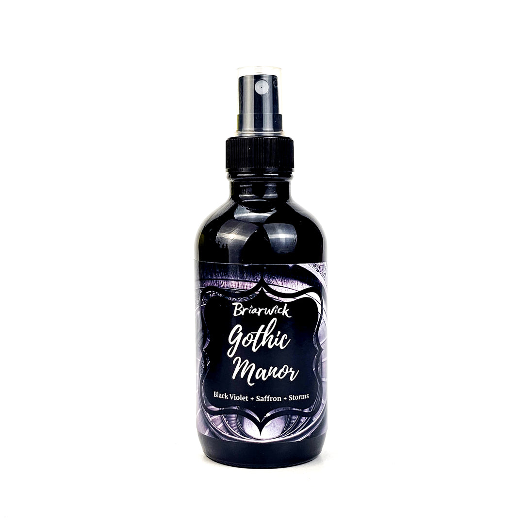 Gothic Manor 4oz Linen Spray with black stairwell design on a white background