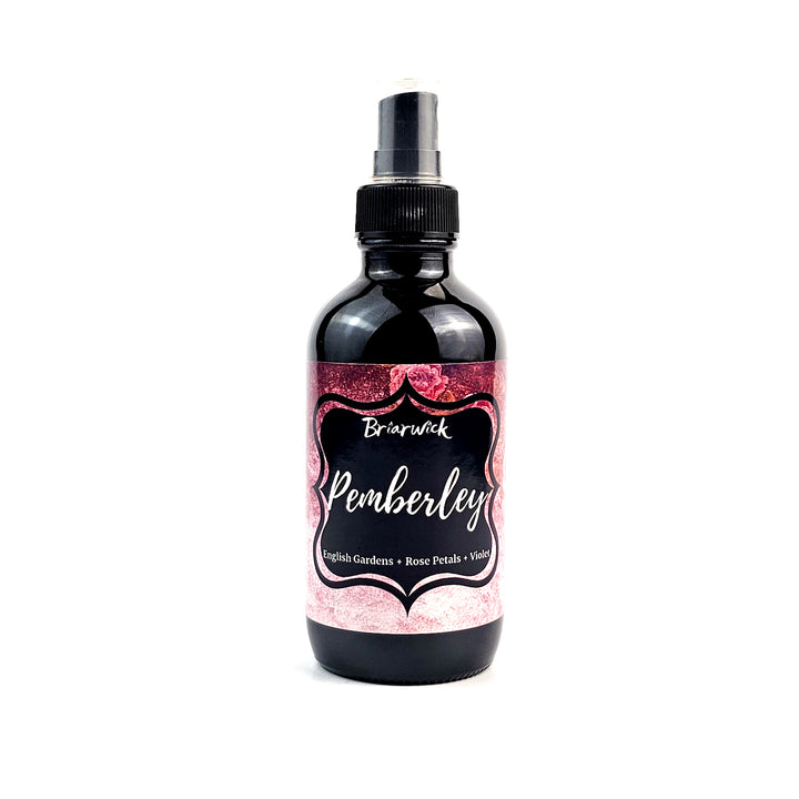 Pemberley 4oz Linen Spray with pink floral design on a white background