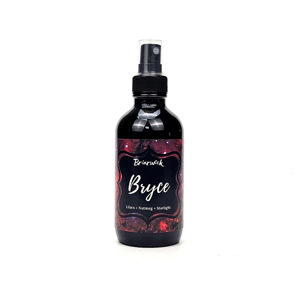 Bryce 4oz Linen Spray with red galaxy design on a white background